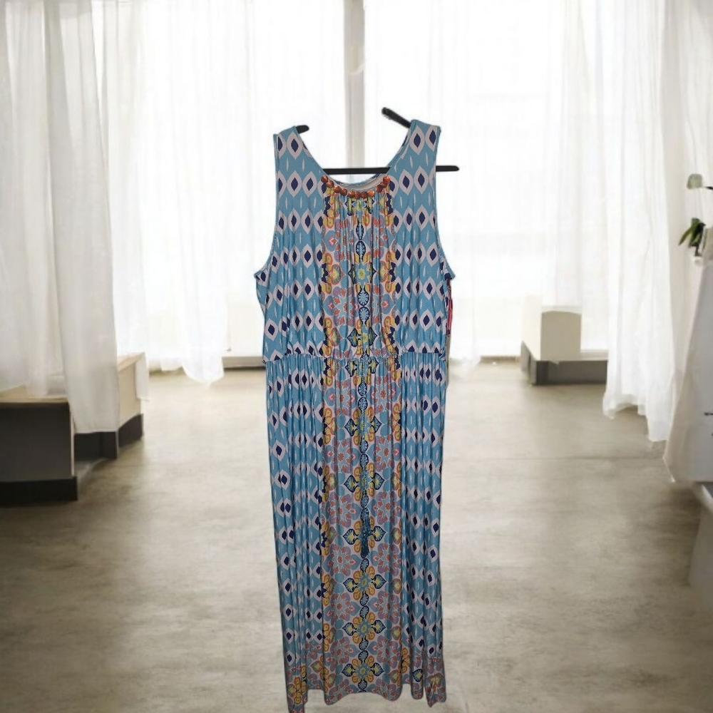NWT Ruby Rd. Blue and Gold Geometric Maxi Dress